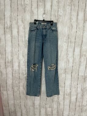 High-Rise Straight Leg Distressed Jeans - Light Blue